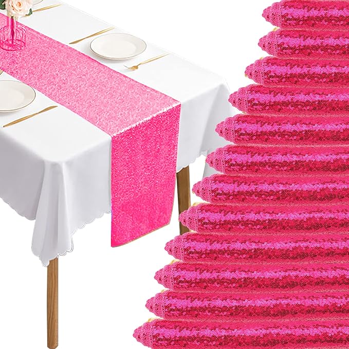 12 Packs Sequin Table Runner Hot Pink 12 X 108 Inch Glitter Dining Table Runner by Fivenl