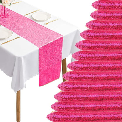 12 Packs 12 X 72 Inch Hot Pink Sequin Table Runner Glitter Dining Table Runner by Fivenl