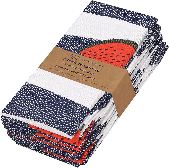 RUVANTI Cloth Napkins Set of 6 Cotton 100%, 18x18 Inches Napkins Cloth Washable, Soft, Absorbent. Cotton Napkins for Parties, Christmas, Thanksgiving, Weddings, Dinner Napkins Cloth - Watermelon