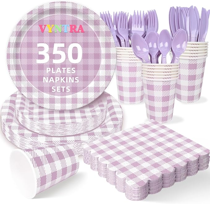Vyntra 350 Pcs Lavender & White Checkered Gingham Paper Plates and Napkins Set by PartyTablewareSupplies
