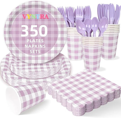 Vyntra 350 Pcs Lavender & White Checkered Gingham Paper Plates and Napkins Set by PartyTablewareSupplies
