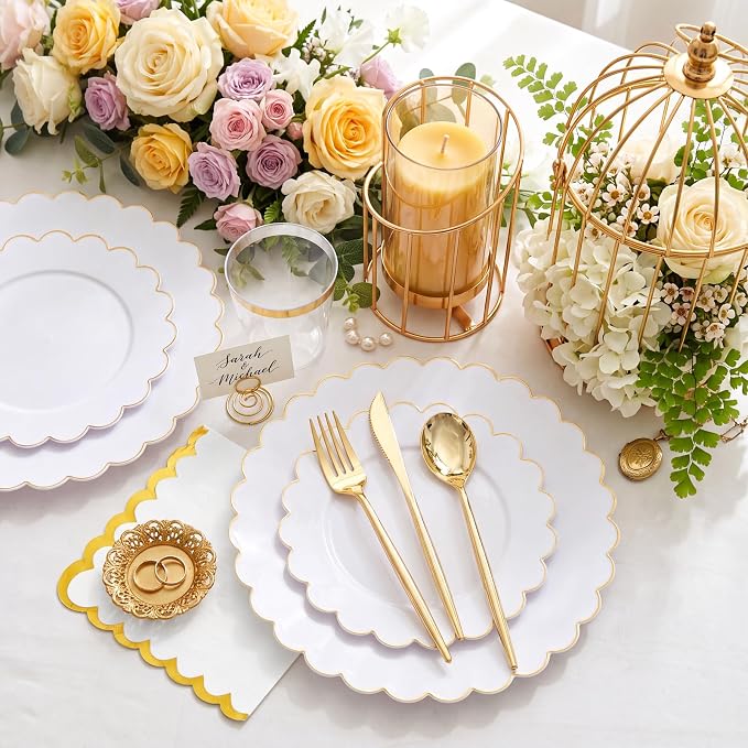 LIYH 210 Pcs Gold Scalloped Plastic Dinnerware Set 30 Guests - Image 5