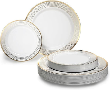 OCCASIONS 240 Plates Pack,(120 Guests) Heavyweight Premium Wedding Party Disposable Plastic Plates Set -120 x 10.5'' Dinner + 120 x 7.5'' Salad/Dessert plates (Sundance White & Gold Rim)
