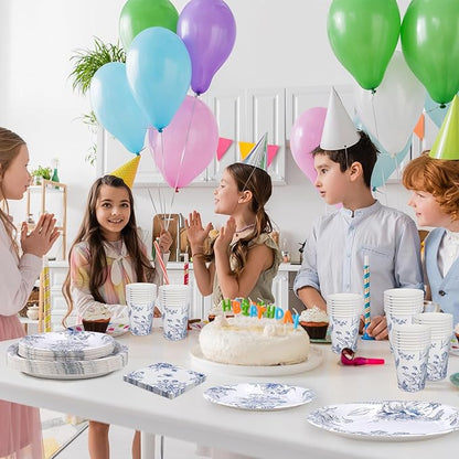 Kochorie 96 Piece Blue and White Floral Disposable Party Supplies Elegant Floral Paper Plates, Cups, and Napkins 9 Inch and 7 Inch Plates Serves 24 Guests for Birthday or Baby Shower