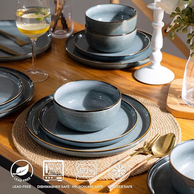 GBHOME Ceramic Dinnerware Sets for 8, 24 Pieces Stoneware Plates and Bowls Sets, Scratch Resistant Dishes, Dishwasher & Microwave Safe, Reactive Glaze-Space Blue