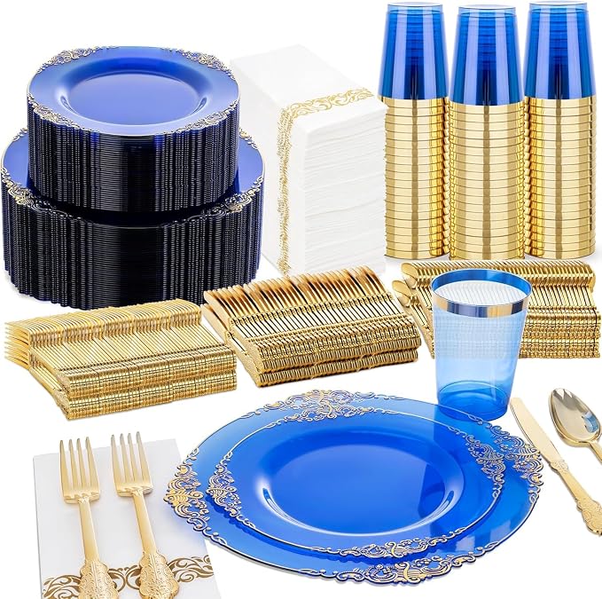 Nervure 350Pcs Blue Plastic Plates, Plastic Dinnerware Set by Nervure