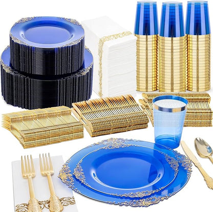 Nervure 350Pcs Blue Plastic Plates, Plastic Dinnerware Set by Nervure