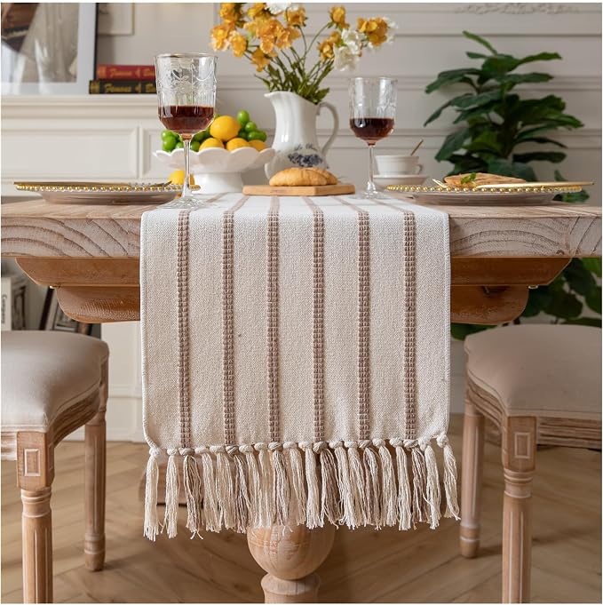 Caflife Boho Table Runner 108 Inchs Long Taupe and Beige, Cotton and Linen Woven by Caflife