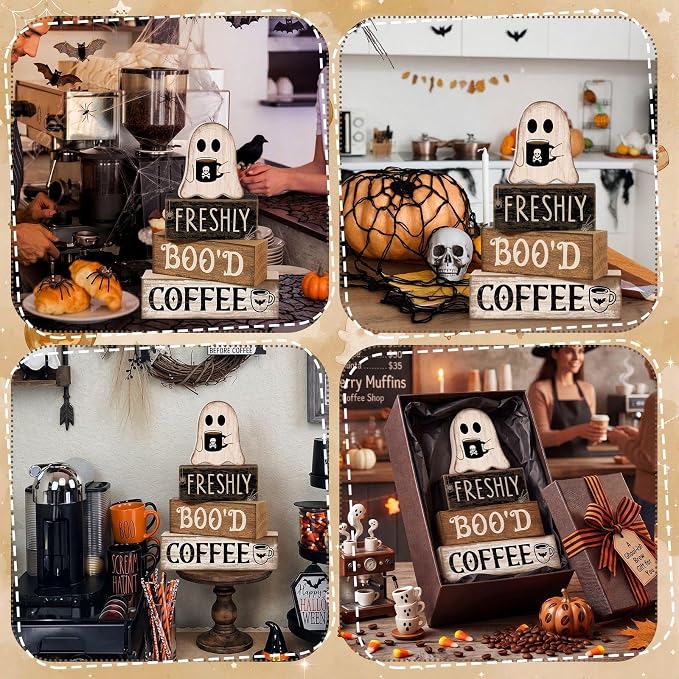 Moucuny 4 Pcs Halloween Coffee Table Decorations Cute Ghost Stacked Wooden Decor - Image 6