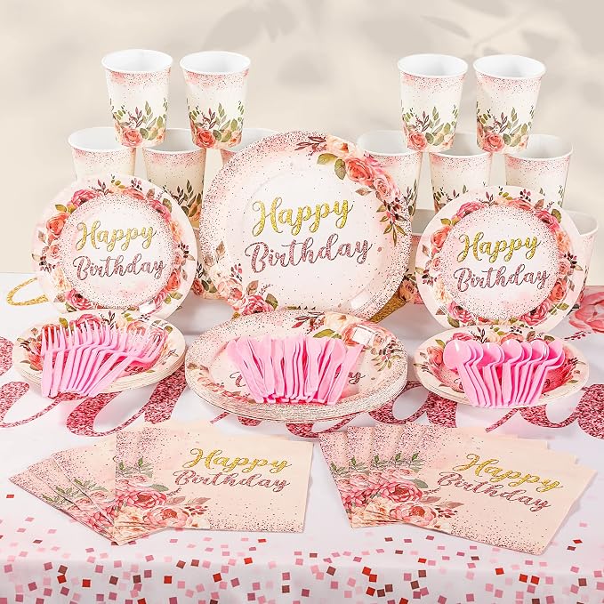 Roshtia 175 Pcs Floral Party Supplies-serve 25 Guests Happy Birthday Rose - Image 5