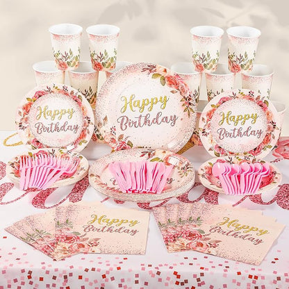 Roshtia 175 Pcs Floral Party Supplies-serve 25 Guests Happy Birthday Rose - Image 5