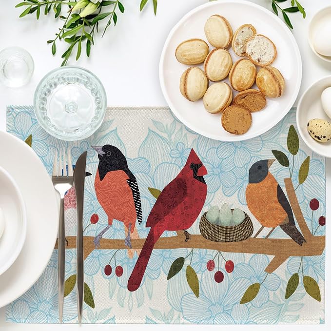 Seliem Spring Summer Birds Placemats Set of 4, Cardinal Bluebird Bullfinch | - Image 4