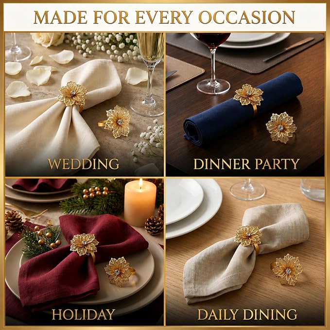 Gold Napkin Rings Set of 12 – Floral Design – Elegant Napkin Ring Holders - Image 7