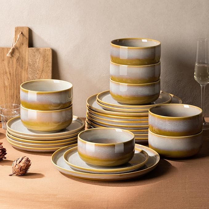 Ceramic Dinnerware Set for 8, 24-Piece Plates and Bowls Set | Handmade Reactive by TheTerra