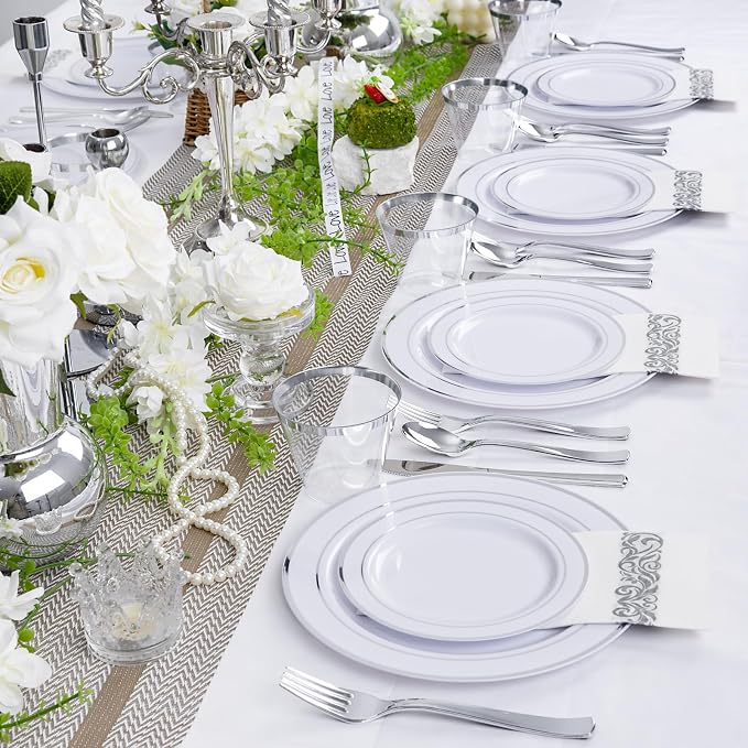 WELLIFE 700 Pieces Silver Plastic Dinnerware Set - Image 6