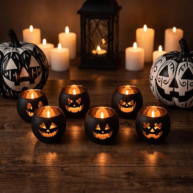 Halloween Tea Light Candle Holders Set of 6 | Gold Interior Black Jack O - Image 6