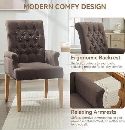Fabric Dining Chair with Arms, Upholstered Tufted High Back Dining Room Chairs, Accent Armchair with Solid Wood Leg and Nailhead Trim, Kitchen Dining Living Room, Brown