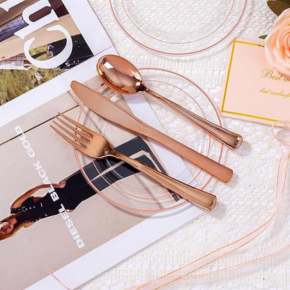 bUCLA 100PCS Clear Rose Gold Plastic Plates Disposable - Heavy Duty 6.25 Inch Clear Plastic Dessert Plates with Rose Gold Trim - Ideal for Party, Wedding & Valentines Day