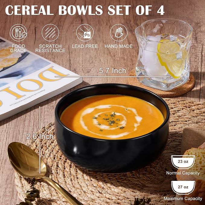 E-far Cereal Bowls Set of 4, 27oz Ceramic Deep Soup Bowls - Image 2