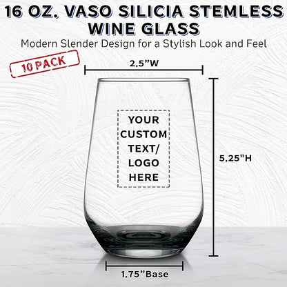 DISCOUNT PROMOS 10 Vaso Silicia Stemless Wine Glasses Set, 16 oz. - Personalized Text, Logo - Clear, Orb-Like, Thick base - Black