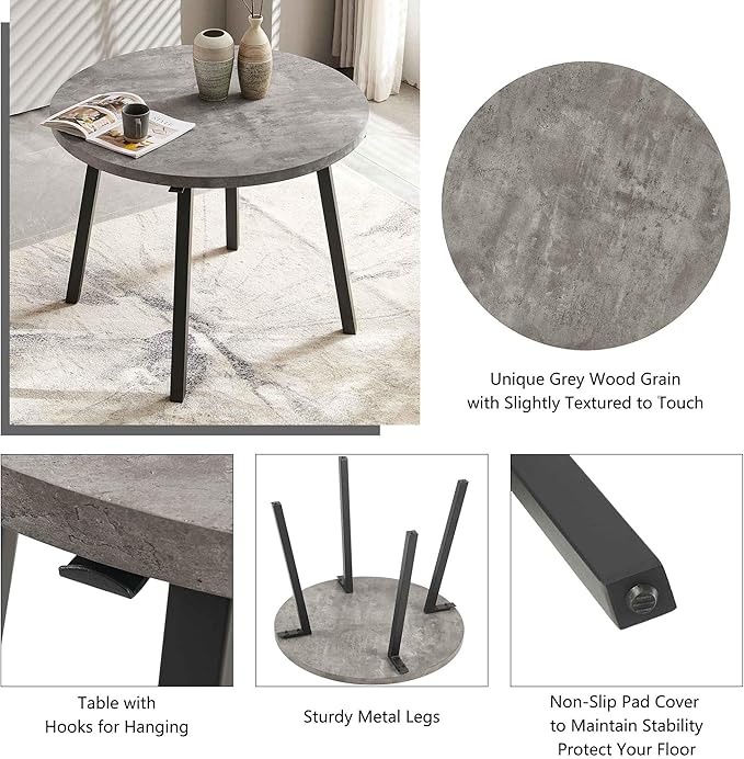5 PCS Dining Room Table Set, Grey Kitchen Table with Hooks for Hanging, Thick MDF Tabletop, 4 Dark Green Velvet Living Room Chairs