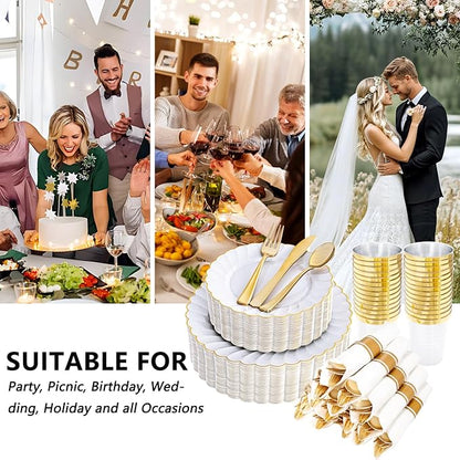 YOUBET 350PCS Gold Scalloped Plastic Plates - White and Gold Disposable Dinnerware Set Include 100 Plates, 150 Gold Silverware, 50 Cups, 50 Napkins for Wedding Party