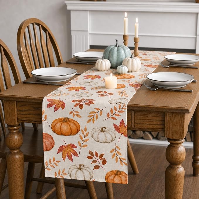 Orange Pumpkins Maple Leaves Table Runner, 13 x 72 Inch, Thanksgiving | - Image 3