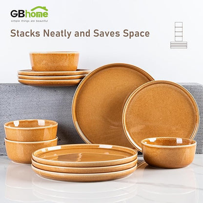 GBHOME Ceramic Dinnerware Sets for 6, 18 Pieces Stoneware Plates and Bowls Sets, Scratch Resistant Dishes, Dishwasher & Microwave Safe, Reactive Glaze-Amber