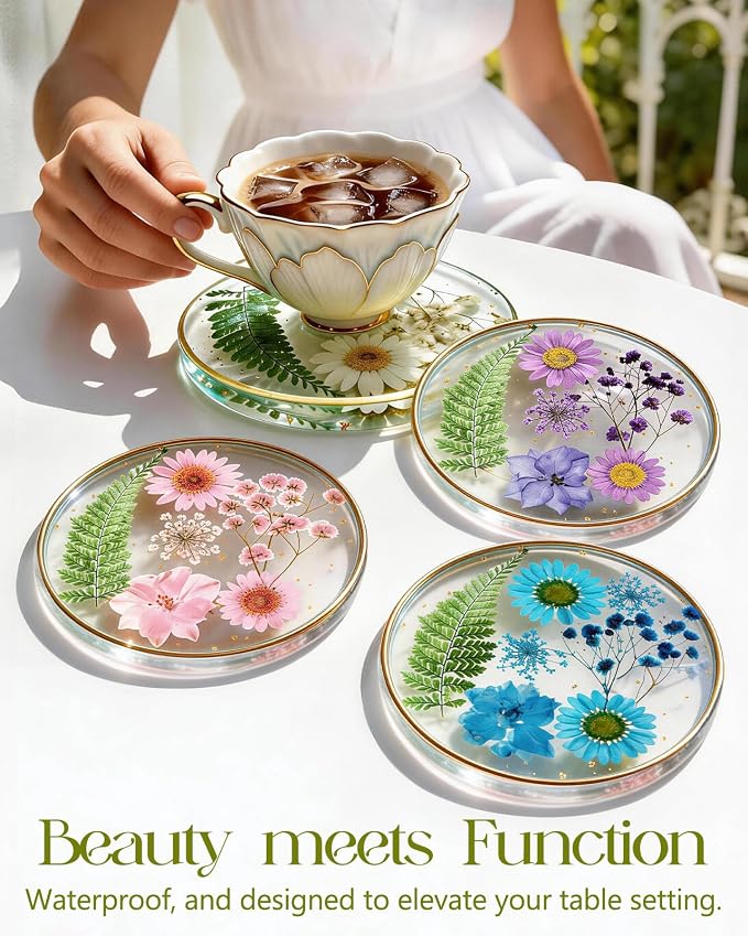 Oqplog Resin Drink Coasters for Desk Coffee Table-Cute Dried Flowers Round - Image 4