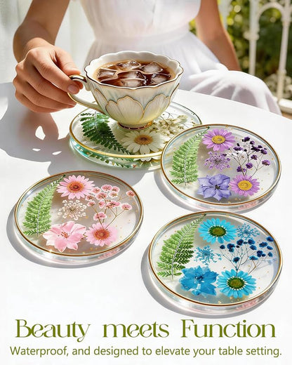 Oqplog Resin Drink Coasters for Desk Coffee Table-Cute Dried Flowers Round - Image 4