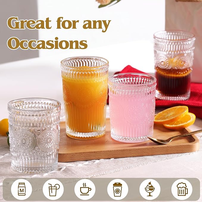 Moretoes Vintage Drinking Glasses Set of 12, Textured Striped Glass Cups | - Image 6