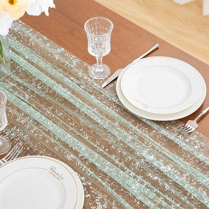 SiinvdaBZX 4 Pcs Sage Green Sheer Tulle Table Runner 120 Inch/10 Ft Long | - Image 6