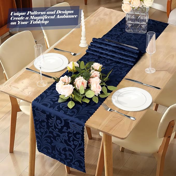 MILVOWOC 4 Pack Navy Blue Damask Table Runner, 12 x 72 Inch | Satin Jacquard - Image 2