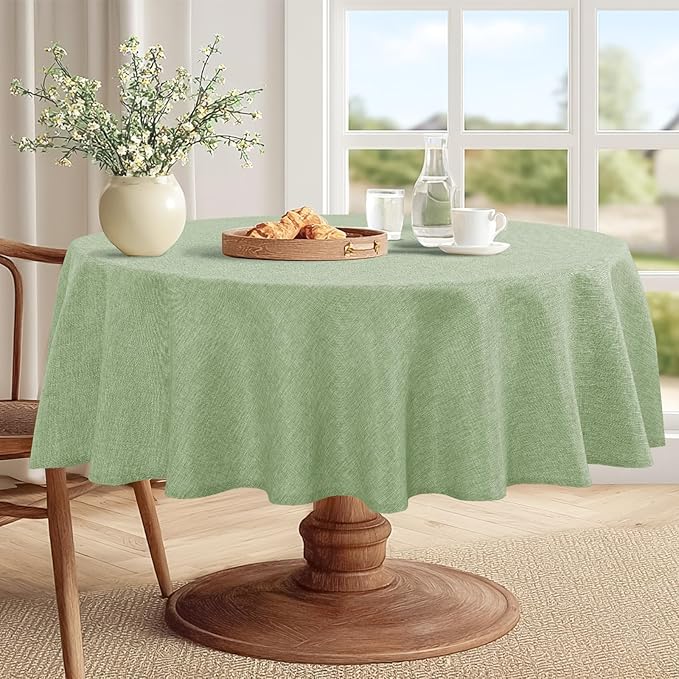 JIUZHEN Round Table Cloth Faux Linen Farmhouse Tablecloth Wrinkle and Stain Resistant Decorative Fabric Table Cover for Kitchen, Dining Room, Parties and Camping, Sage Green, 108 Inch Round