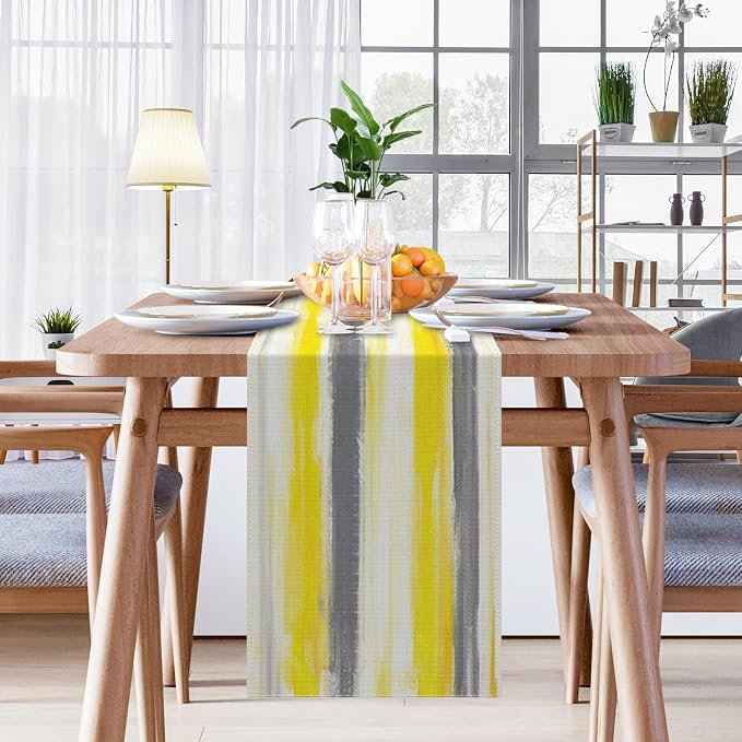 Emvency Table Runner, 13x72 Inch, Abstract Striped Modern | Yellow Grey Dining - Image 5