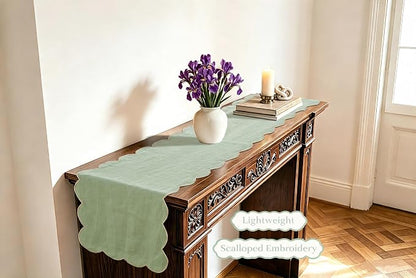 100% Natural Linen Rustic Scalloped Embroidery Table Runner 120 Inches Long - Image 3