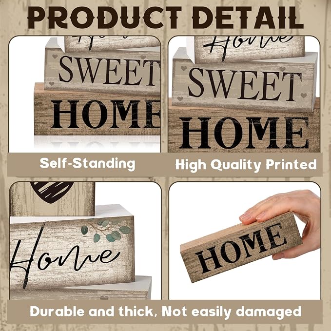 Moucuny 4 Pcs Farmhouse Table Decor Rustic Home Sweet Home Tiered Tray - Image 9
