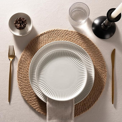Famiware Starlight Plates and Bowls Dishes Set of 8 (24 Pieces), Ribbed Textured Stoneware Dinnerware Sets- Dishwasher & Microwave Safe, Chip Resistant, Matte Reactive White