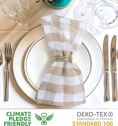 Urban Villa Cotton Dinner Napkins Set of 6, Highly Absorbent 20x20 Inches Premium Cloth Napkins Hotel Quality Reusable & Washable Table Dinner Napkins for Home & Weddings - Taupe/White, Checks