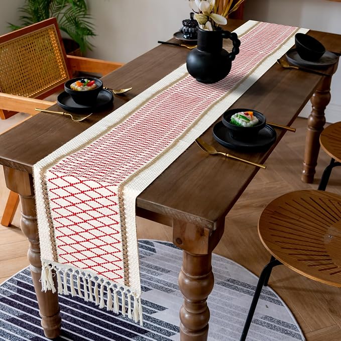 EMMTEEY Macrame Table Runner Boho Style 108 Inches Long, Hexagonal Red | - Image 7