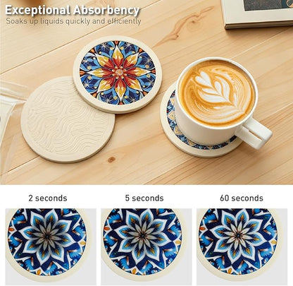 Mandala Non-Slip Silicone Coasters, 4-Pack Double-Sided Absorbent Cup Mats for Hot & Cold Drinks, Scratch & Water Ring Protection for Wood Tables, Home Office Bar Use (6PC Wanda La)