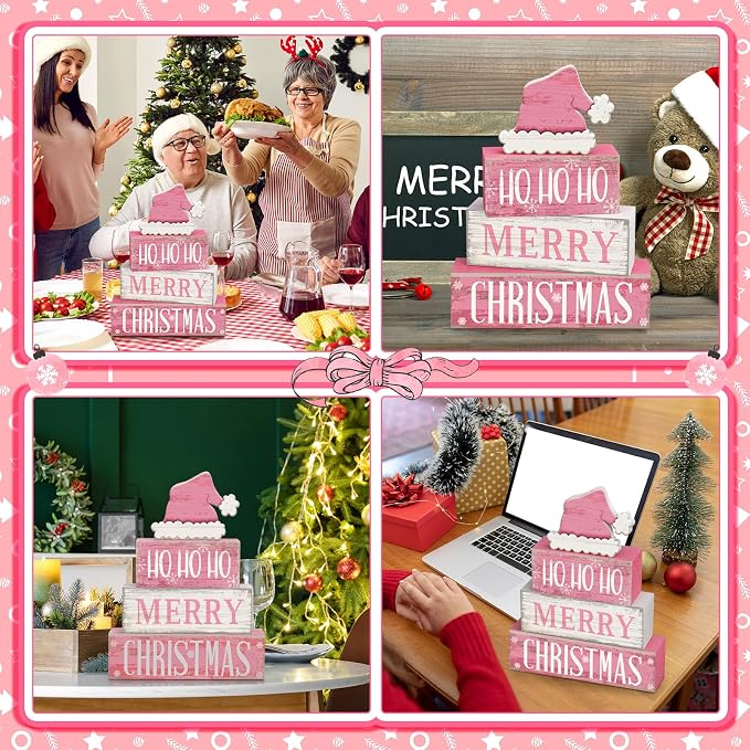 Moucuny 4 Pcs Christmas Table Decorations Pink Santa Hat Decor Christmas Tiered - Image 5