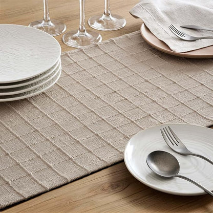 Artisanal Grid Linen Table Runner, 13x60 Inches Oatmeal | Heavy Textured - Image 6