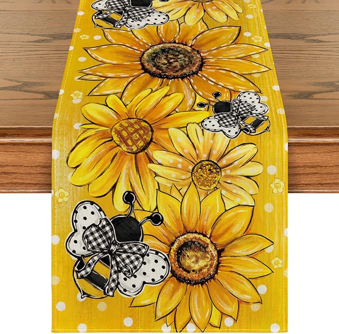 Artoid Mode Yellow Sunflower Bee Flower Polka Dot Summer Table Runner, Seasonal by ArtoidMode
