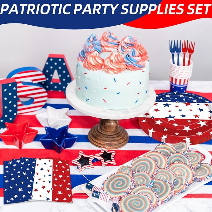 100 Pcs Patriotic Party Supplies Set, Serves 25 – Disposable Red White Blue - Image 4