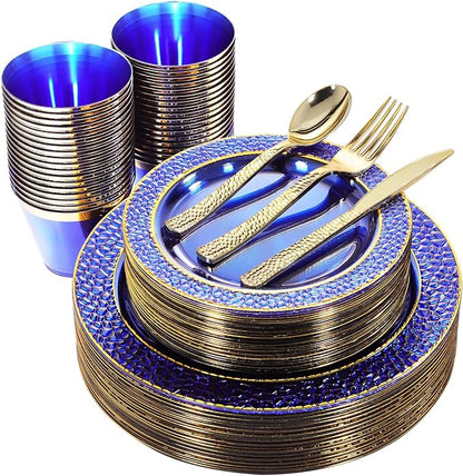 Nervure 150PCS Clear Blue Plastic Plates - Gold Party Plates - Blue and Gold Dinnerware Set Include: 50 Disposable Plate, 25Cups, 25Forks, 25Knives, 25Spoons for Wedding & Party & Hanukkah