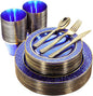 Nervure 150PCS Clear Blue Plastic Plates - Gold Party Plates - Blue and Gold Dinnerware Set Include: 50 Disposable Plate, 25Cups, 25Forks, 25Knives, 25Spoons for Wedding & Party & Hanukkah