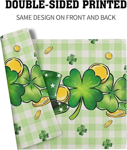 St. Patrick's Day Clover Top Hat Placemat Set of 4,Lucky Shamrock Gold Coin Dining Place Mat Table Decor 12x18 Inch Buffalo Plaid Seasonal Spring Table Mats for Home Party Kitchen Decoration