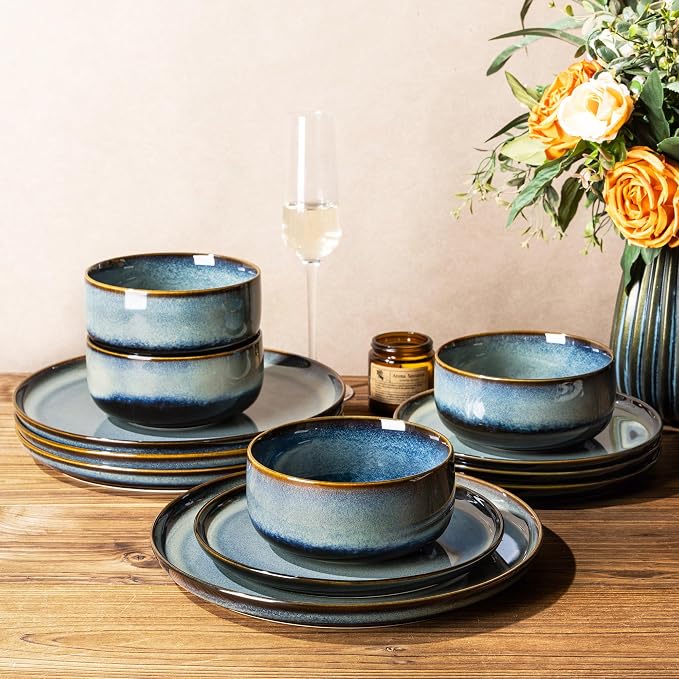 Ceramic Dinnerware Set for 4, 12-Piece Plates and Bowls Set | Handmade Reactive - Image 3