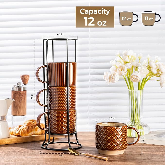 GBhome 12 OZ Stackable Coffee Mugs Set of 4, Ceramic Coffee Cups Set | Coffee - Image 3